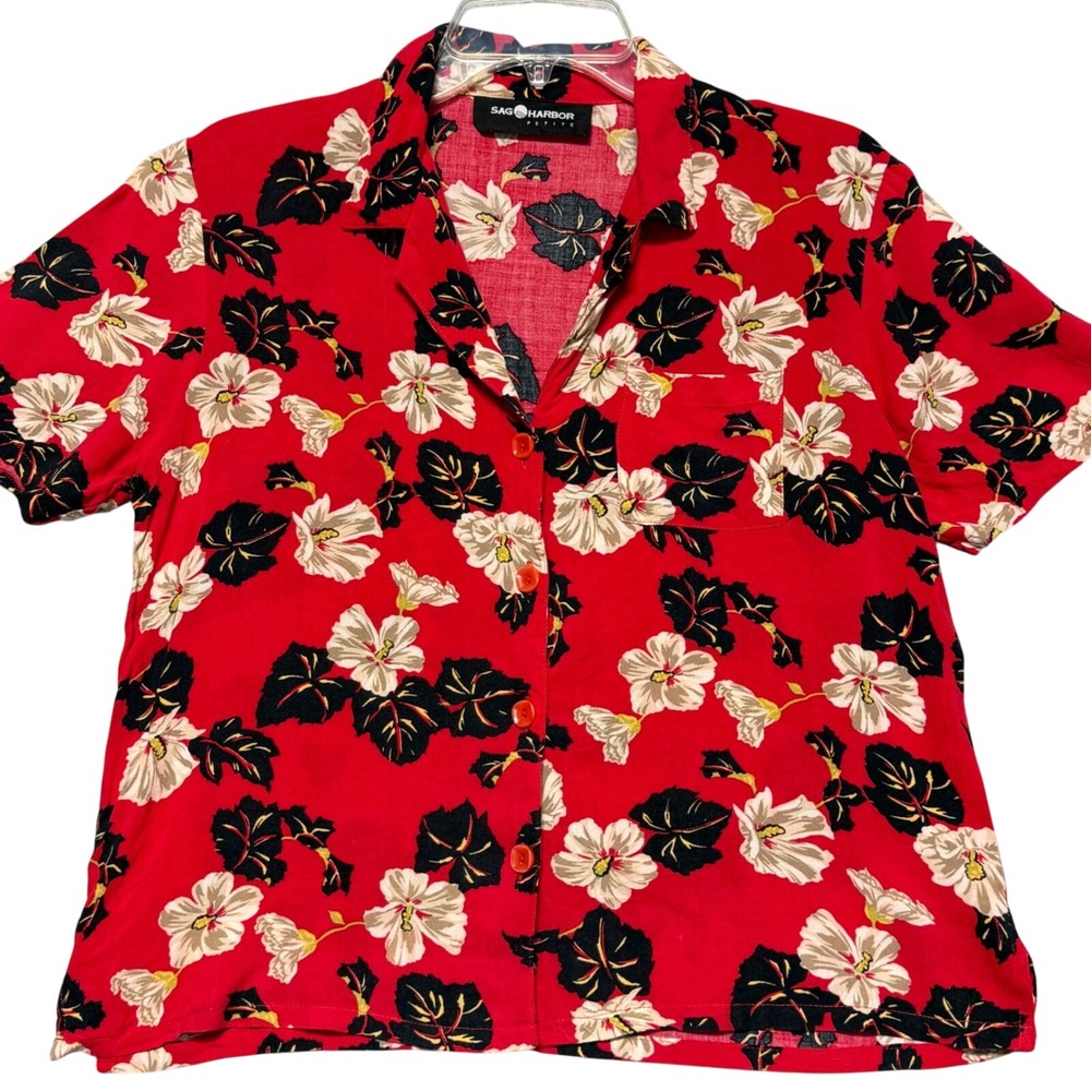 Sag‎ Harbor Petite Red Tropical Hibiscus Floral Button Down Camp Shirt Top